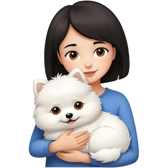 A black short-haired girl happily hugs a white Pomeranian emoji