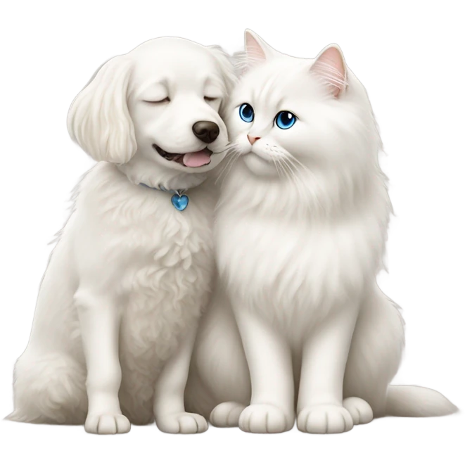 White doodle dog kissing a white ragdoll cat emoji