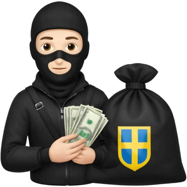 создай реалистичного белого украинца в черное одежде и черной балаклаве с большим мешком денег с  гербом страны на нем  emoji