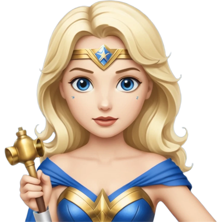 Blonde blue eyed Wonder Woman holding white orchestra conductor’s baton and bell emoji