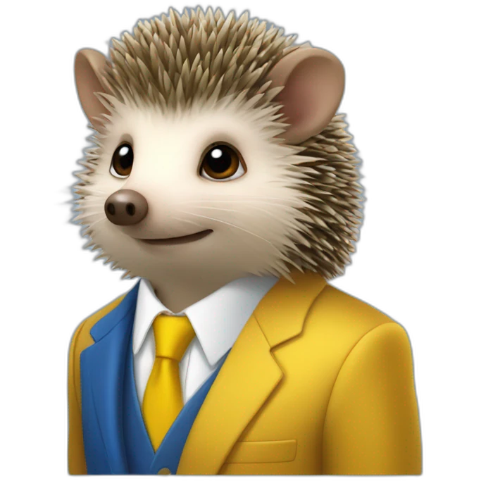 A hedgehog student in a suit in the color of the Ukrainian flag in a square academic cap emoji