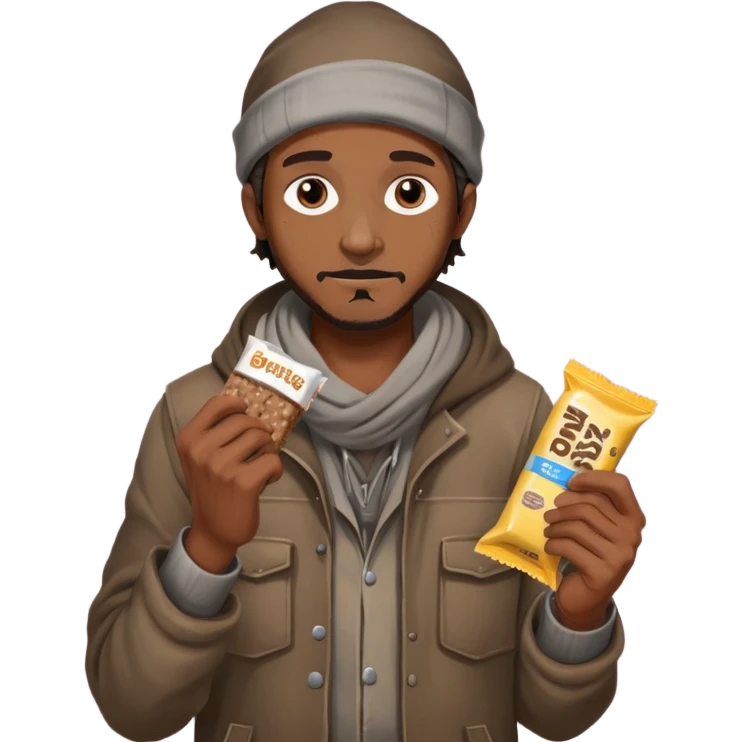 Generate a homeless man asking for money with a protein bar in his hand emoji