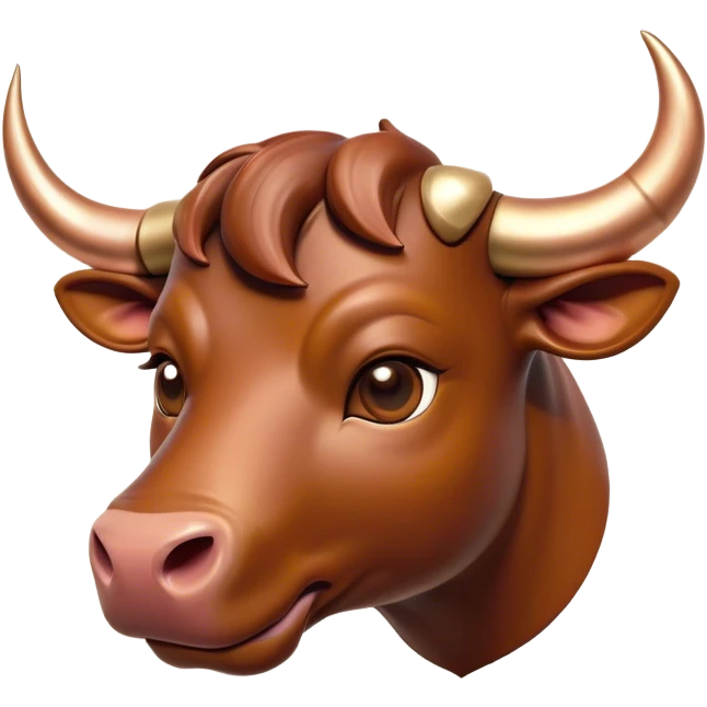 Cinematic Cute Domestic Bull Portrait Emoji, Head tilted playfully and inquisitively, with a sturdy, compact build and a smooth, polished coat of rich copper and brown hues accentuated by gently curved horns, round, sparkling eyes full of curious determination, Simplified yet irresistibly adorable features, highly detailed, glowing with a warm, friendly glow, high shine, affectionate and spirited, stylized with a touch of rustic charm, soft glowing outline, capturing the essence of a mischievous yet loving domestic bull that feels like it could trot out of the screen and into your arms! emoji