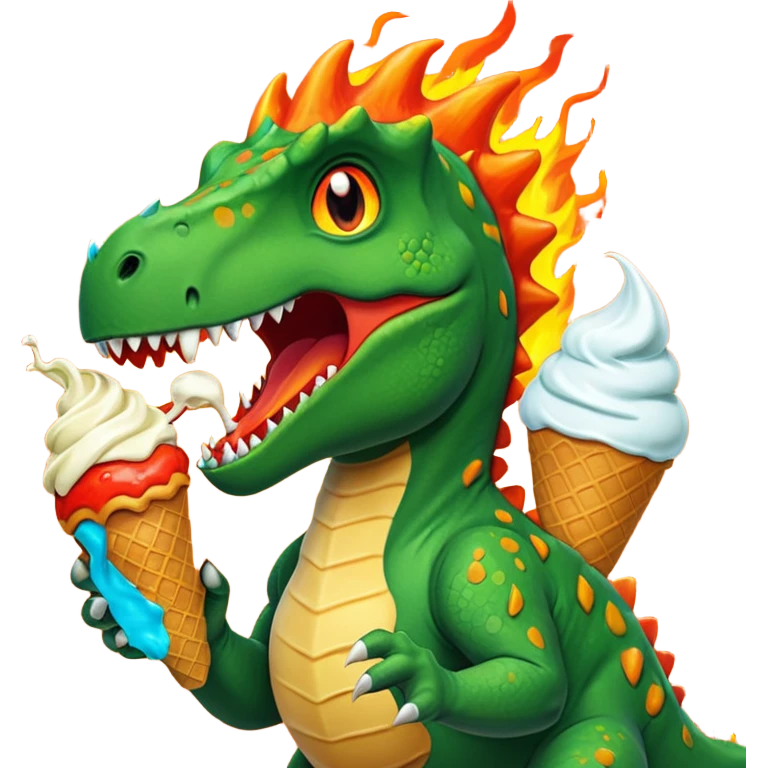 Dinosaur with ice cream and fire behind it emoji