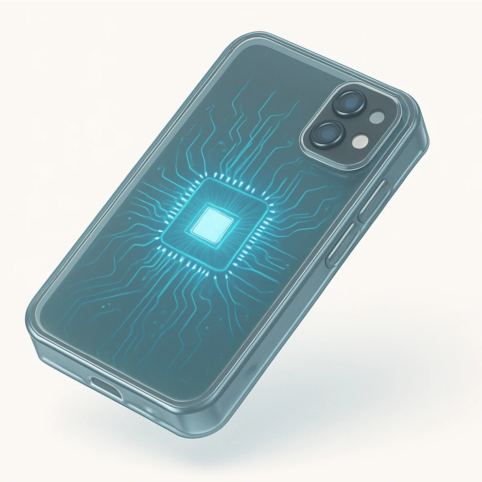A futuristic smartphone with glowing internal circuitry visible through the translucent casing emoji