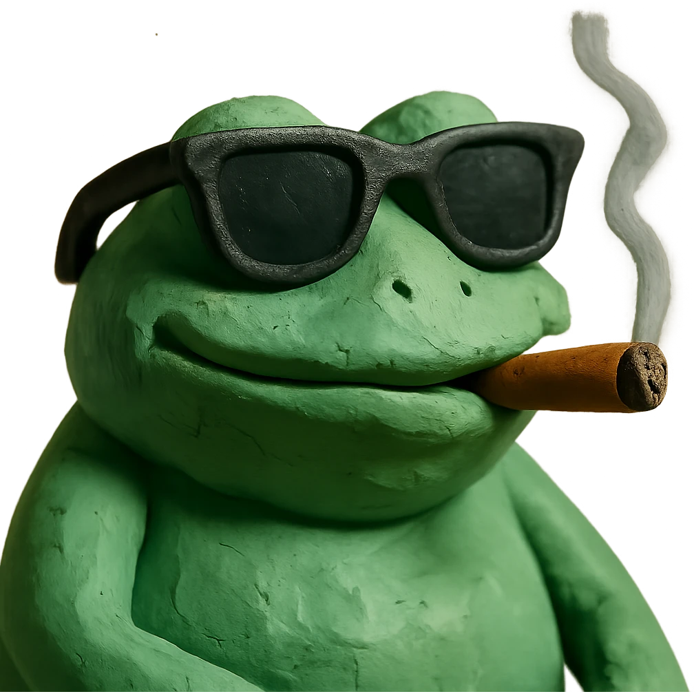 detailed frog with ray bans, satisfied, smoking a cigar, claymation style emoji