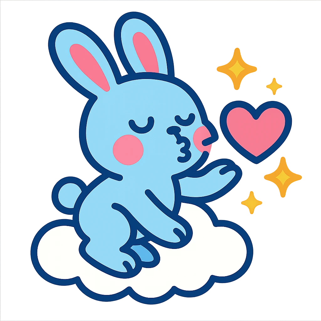 pastel blue bunny with cloud, blowing a kiss with sparkles, vibrant-toon style emoji