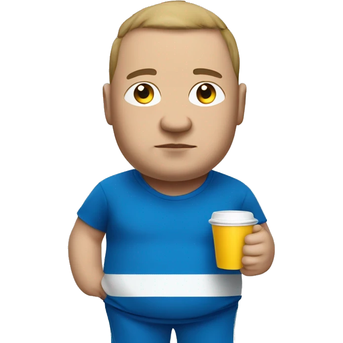 fat man in blue sweatsuit with white stripe sipping from cup emoji