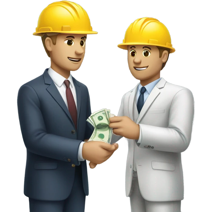 A construction worker giving money to another man in a suit.  The man on the left should have white skin and no hat.  emoji