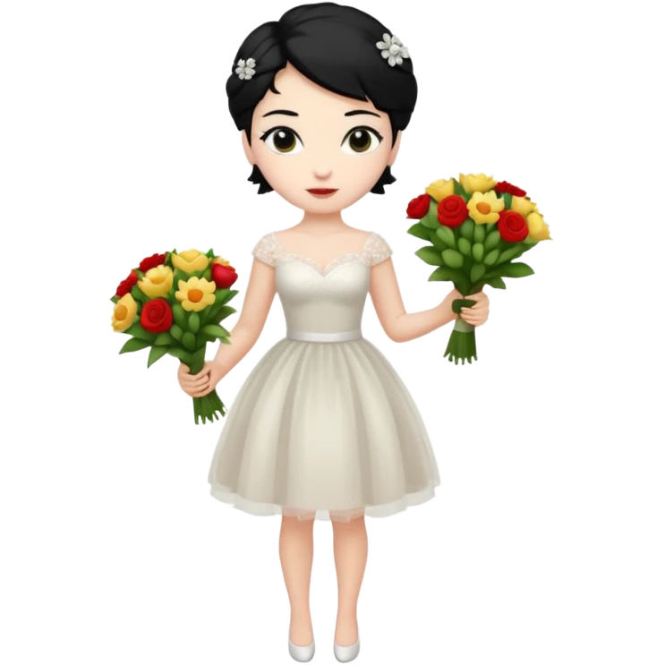 Chica blanca,cuerpo entero, vestido boda corto, pelo negro,  ramo de flores , pelo recogido emoji
