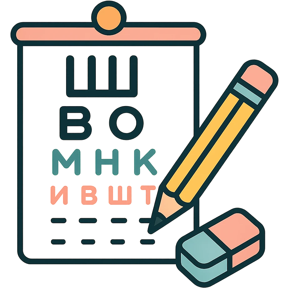 Sivtsev eye chart vector icon with a pencil and eraser nearby, shadows and highlights, pastel palette emoji