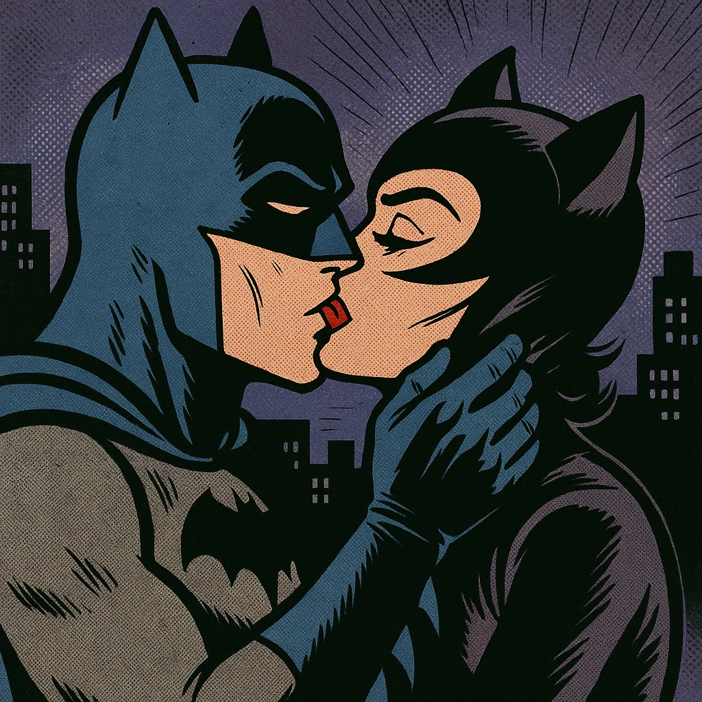 Batman and Catwoman kissing, comic book style, strong inking, nocturnal atmosphere, stylized city background emoji