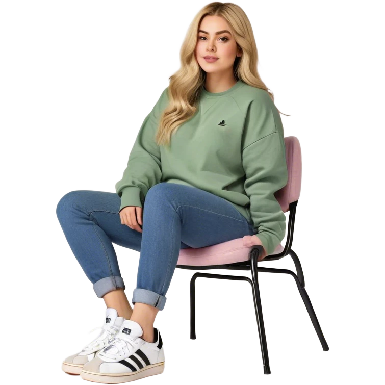 Girl long bright blonde highlighted hair middle part with rosy cheeks and plump mauve lips green eyes and wearing a white sweatshirt and denim blue jeans with black and white adidas OG Sambas sitting in a cozy chair posing with legs over the side of chair  emoji