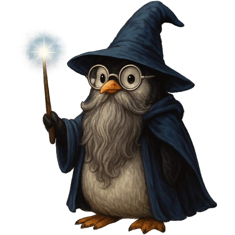 a fantasy penguin wizard with glasses, a long beard, and a glowing wand emoji
