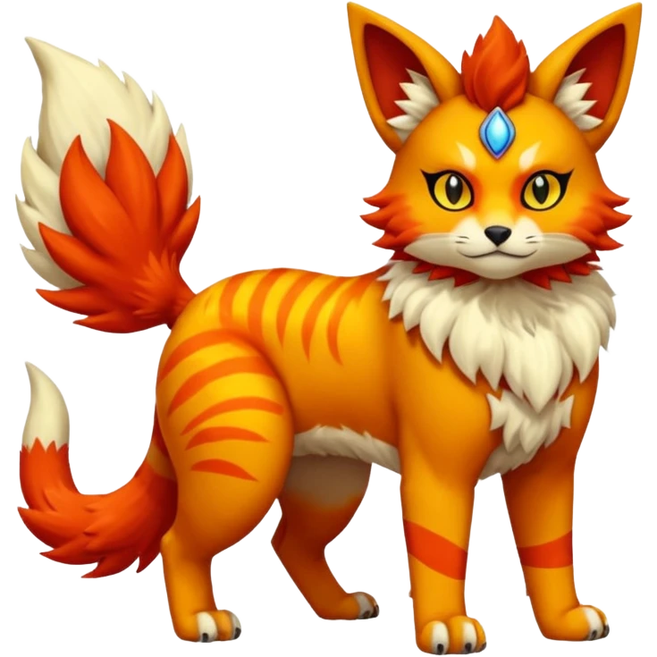 Colorful orange red black yellow Bastet-Flareon-Gatomon-Vernid-Protogen-Digimon-Fakémon-Pokémon-creature  (full body) emoji