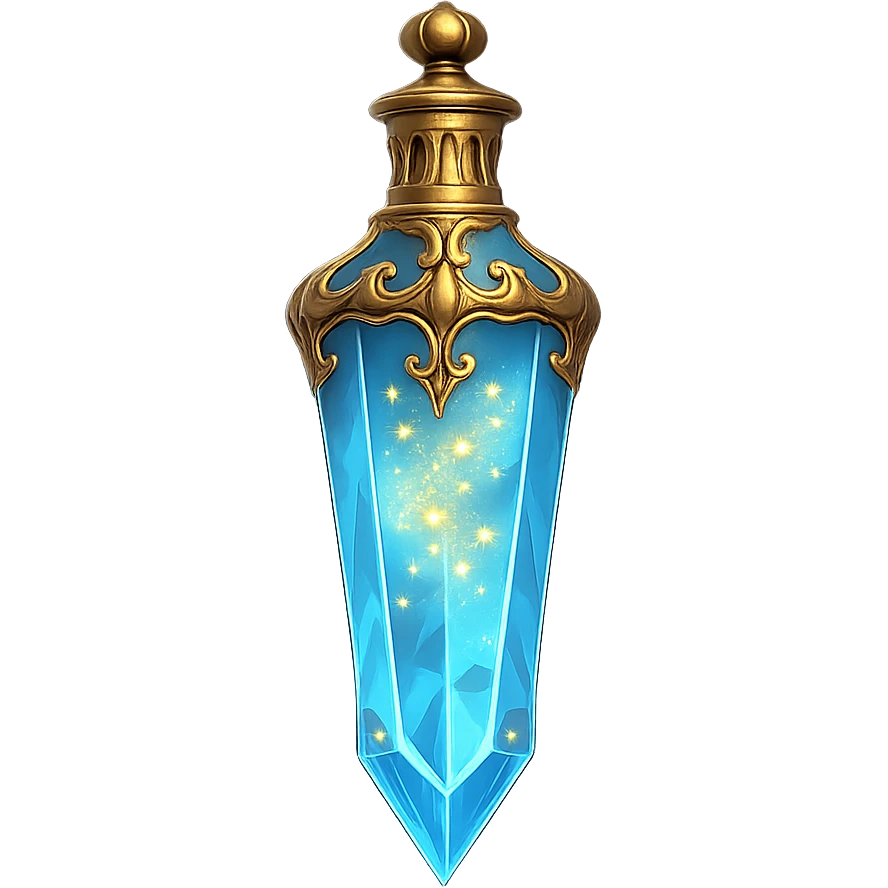 luxurious crystal elixir bottle in baton shape, lots of shining, edges, ornaments, golden details, magical effects, very small golden neck, transparent background, beautiful seamless bottom, bottle clearly floating in air, no base or shadow, premium class impression, playful and interesting design, matching a collection of crystal, luxurious, magical bottles emoji