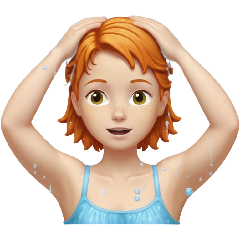 Ginger girl arms up hands on head shower washing hair soapy bubbles emoji