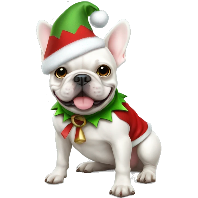 White French bulldog in Christmas elf costume emoji