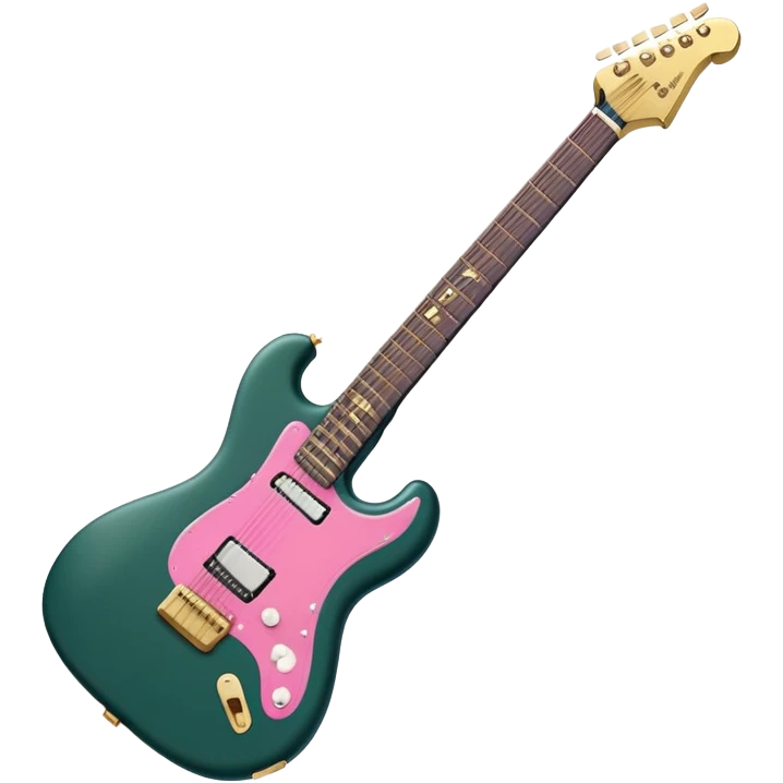 minimalist electric guitar in dark green with pink and blue stripe decal, closed inside a black rectangular hard case with gold latches, flat semi-3D style, soft matte textures, simplified details, stylized decal accent, compact artistic look emoji
