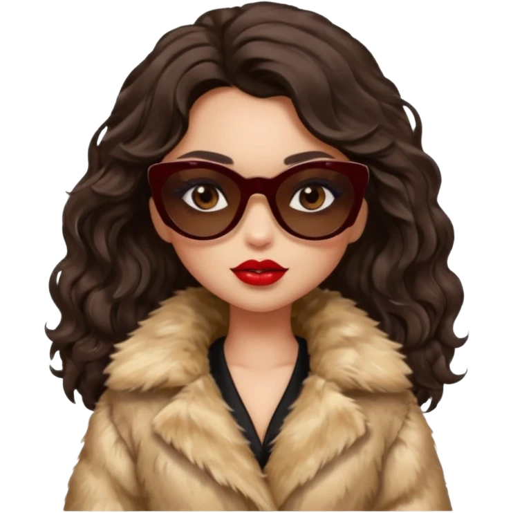 generate a pretty fair bratz girl with dark brown eyes, dark brown wavy hair, beige fur coat, black sunglasses, red lipstick. RICH emoji