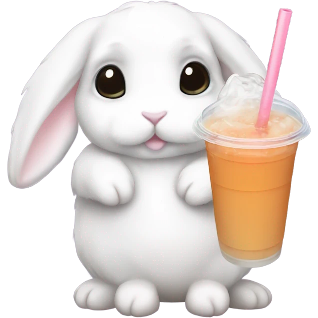 White mini lop rabbit drinking boba tea emoji