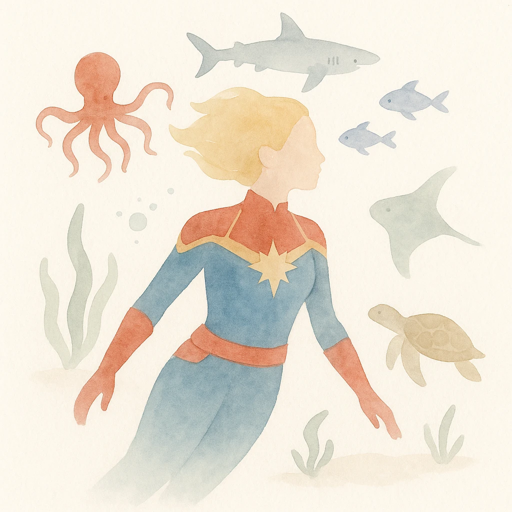 Captain Marvel underwater, surrounded by sea creatures, watercolor art style emoji