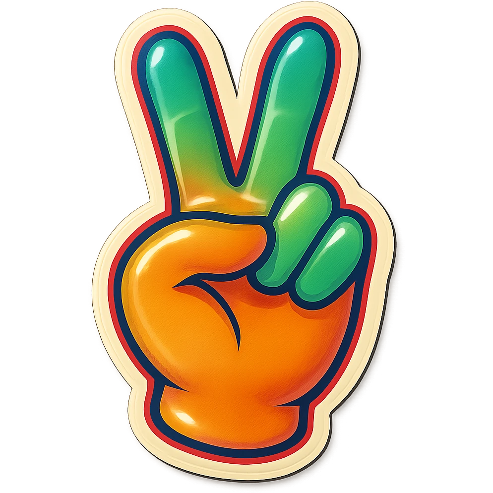 a peace sign hand gesture with colorful outlines, retro sticker style emoji