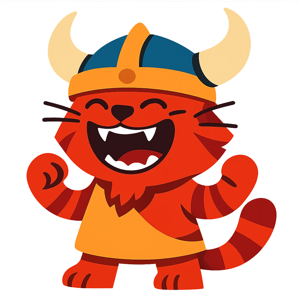 a laughing red viking cat in a vibrant toon style, horned helmet, showing teeth emoji