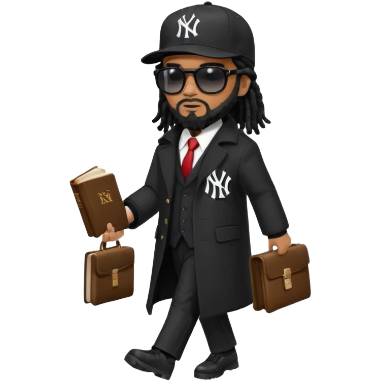 African American man with shoulder length black dreadlocks with black beard wearing black sunglasses wearing a black bubble winter coat wearing a black New York Yankees logo baseball cap wearing a suit and tie walking with a Bible emoji
