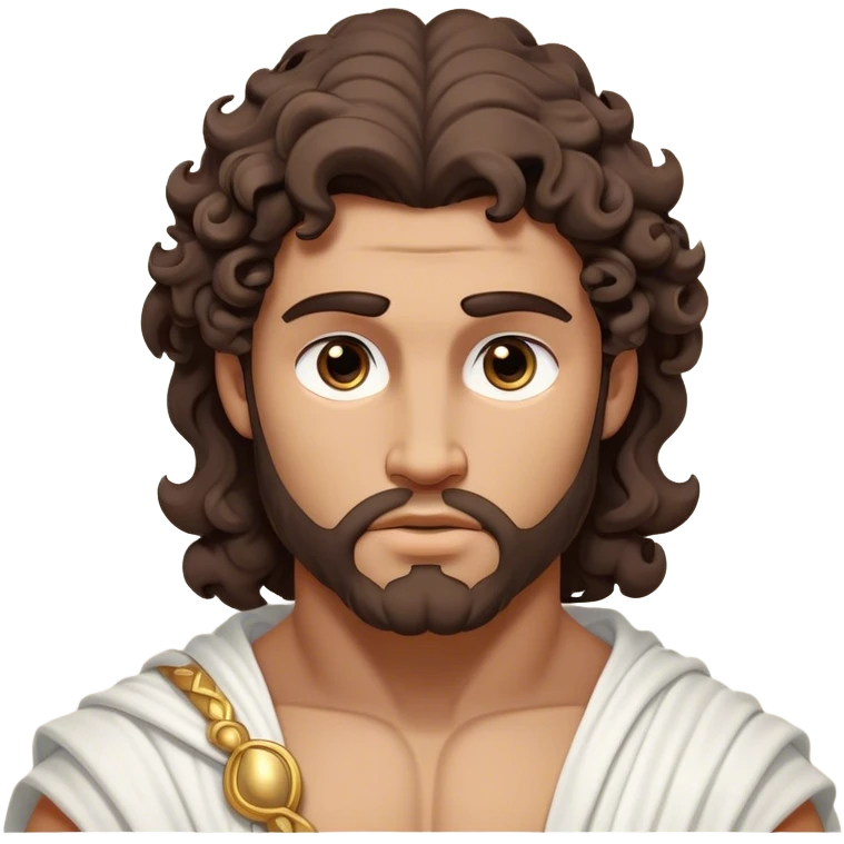 Cinematic Realistic Hercules Portrait, depicted as a classical Greek hero inspired by the Disney version yet echoing the refined proportions and serene dignity of Michelangelo's David. His idealized, tan skin glows with timeless strength, and his thick, curly wavy dark brownhair falls in natural, sculpted curls. Draped in a flowing white robe with delicate golden accents, his expressive eyes radiate determined nobility, all rendered under dynamic natural lighting with a mythic, radiant glow. emoji