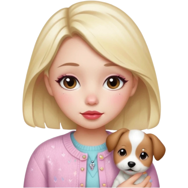 “Emoji girl, dewy skin, flushed blush across cheeks and nose, glossy cherry lips, soft puppy eyeliner, slightly teary sparkling eyes, wearing pastel cardigan.” emoji