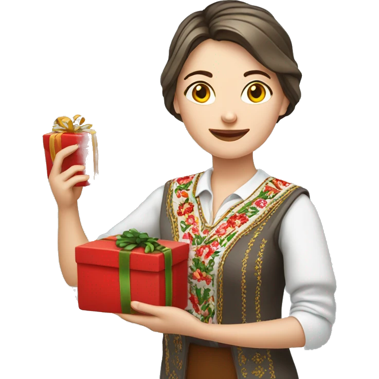 A female teacher in Ukrainian embroidery holds a gift in her hand emoji