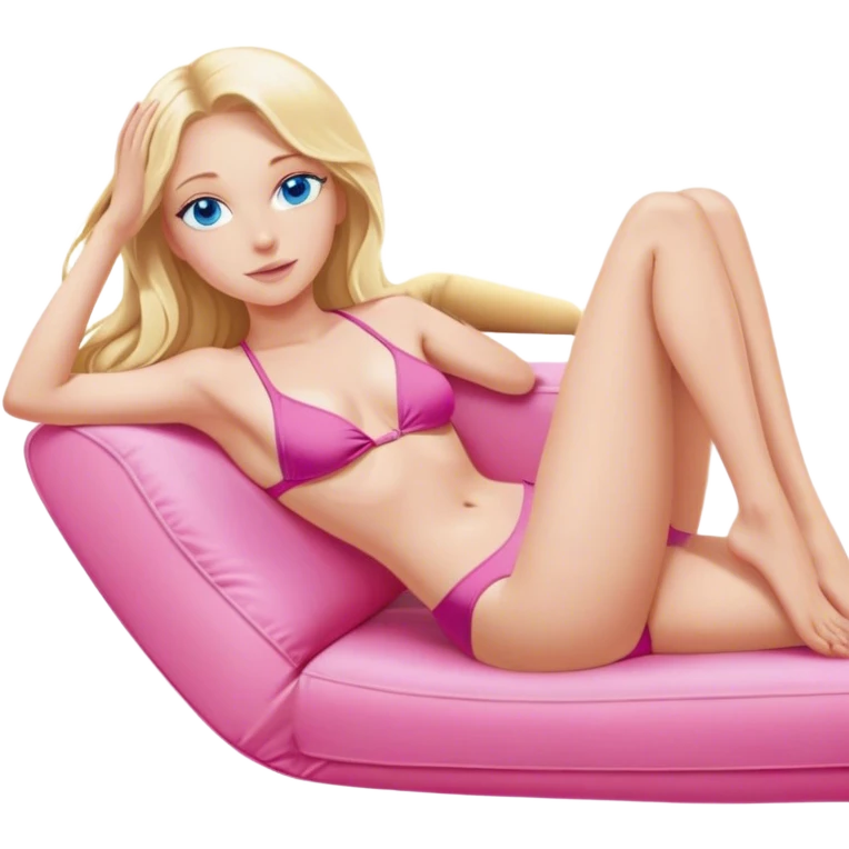 A cinematically realistic blonde with long hair and blue eyes is lying on a chaise longue in a pink swimsuit, sunbathing in the sun emoji
