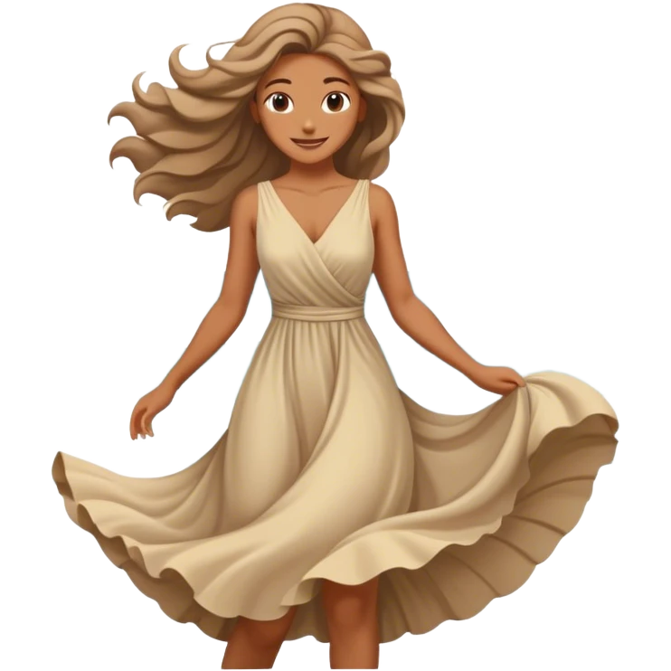 A woman in a flowing dress by the ocean, wind in her hair, a serene and confident smile with beautiful finish. emoji