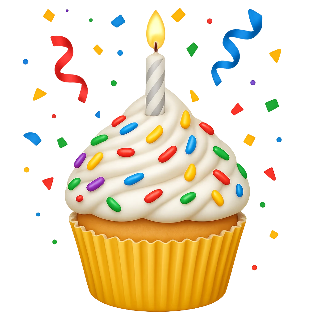 Make this a birthday cupcake with a candle and confetti, keeping the white color and apple emoji style. Remove the background. emoji