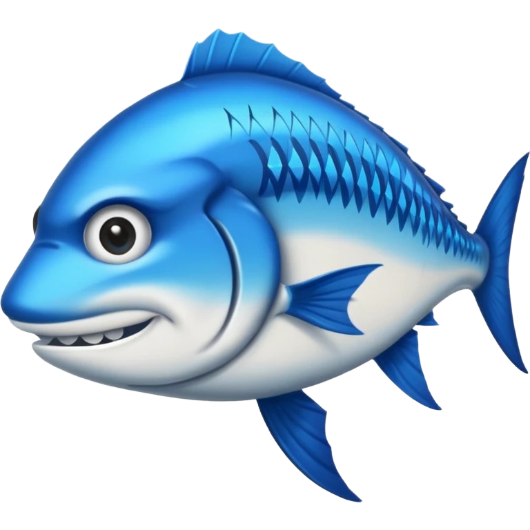 Emoji de poisson barracuda stylisé, dessin cartoon, bleu avec lettres ‘BARRACUDA’ dans le corps, expression féroce.” emoji