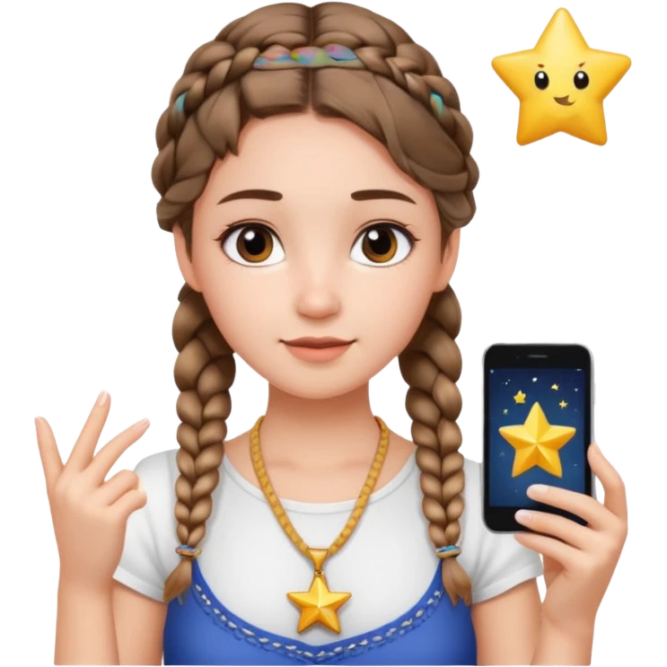 a girl wearing cute white top with a braid outing in the camera as a selfie and a star necklace in the neck  emoji