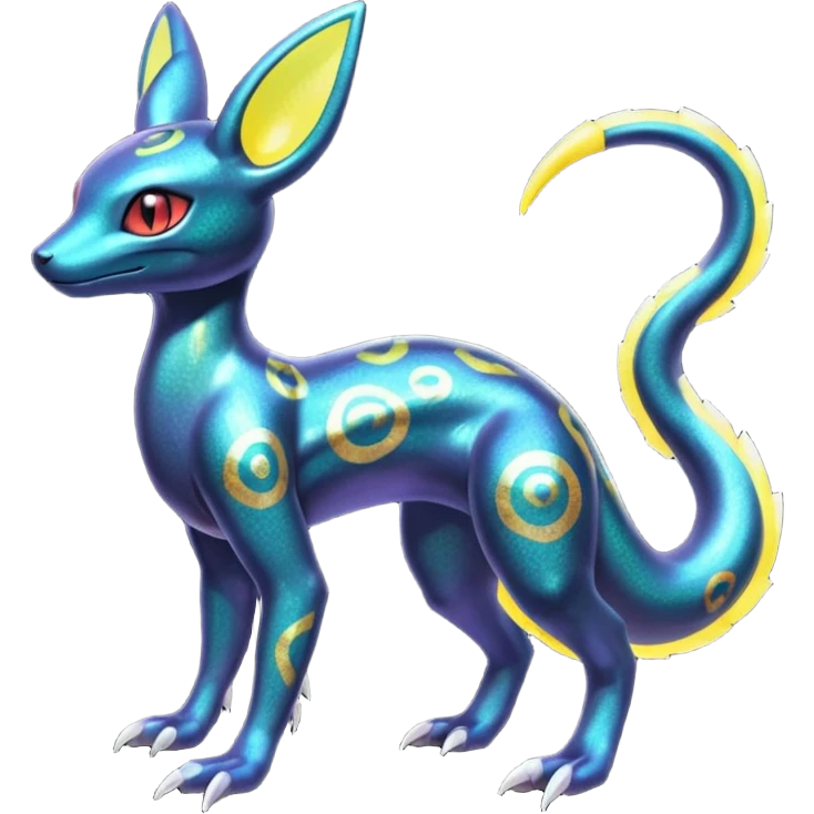 Shiny Iridescent Genesect-Umbreon-Salandit-Fakémon-hybrid-creature (full body)  emoji