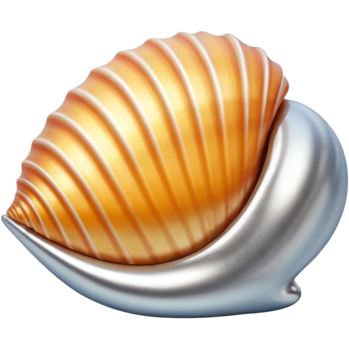A seashell emoji made of polished silver chrome, smooth curved surface, reflective metallic highlights, elegant minimal design, iOS emoji style, centered, clean white background, soft lighting emoji