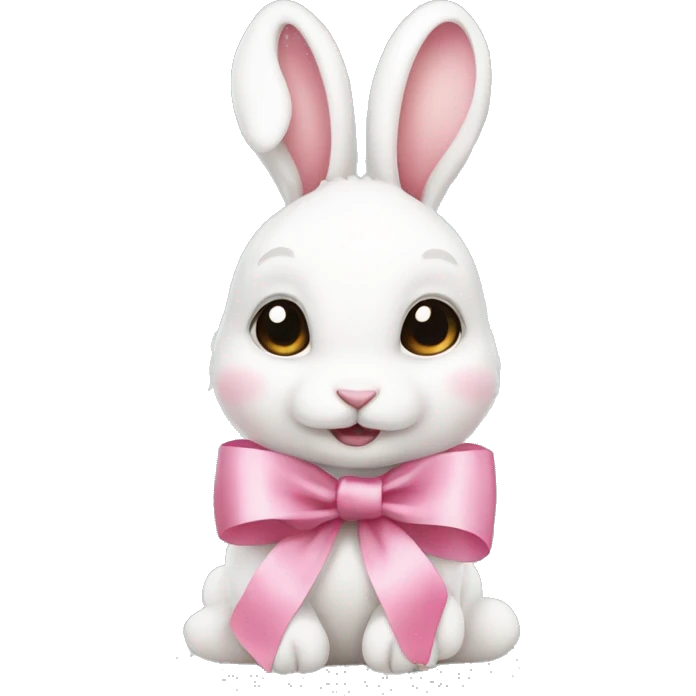 Cute white rabbit with pink ribbon and pink blush emoji