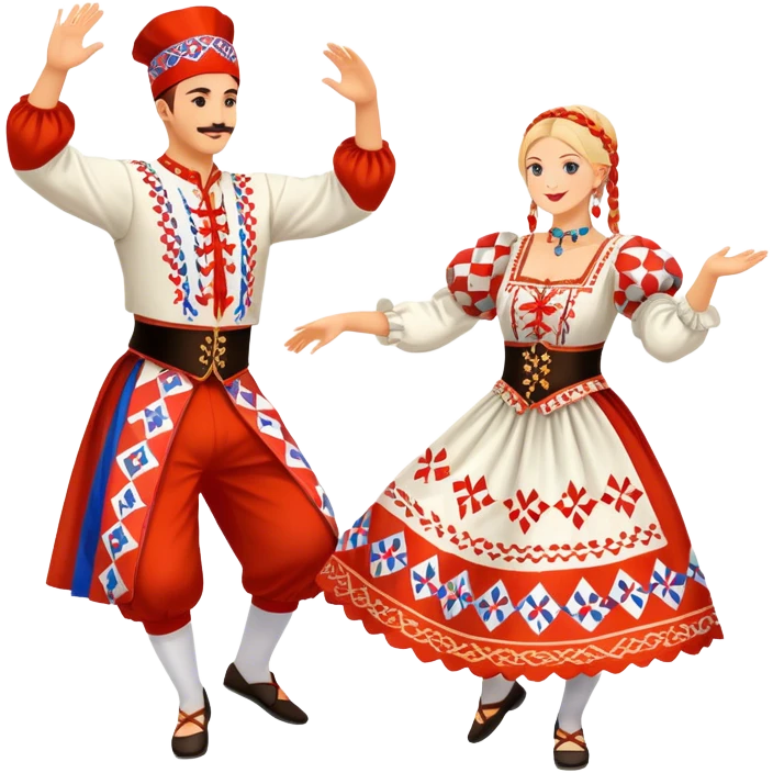 Cinematic Realistic scene of two performers engaging in the Croatian Linđo folk dance, adorned in vibrant traditional costumes with intricate patterns and accessories, captured in graceful, synchronized motion under festive natural lighting. emoji