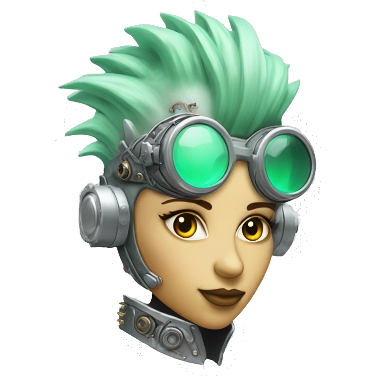 Pastel green Mohawk female cyborg head with silver steampunk goggles emoji