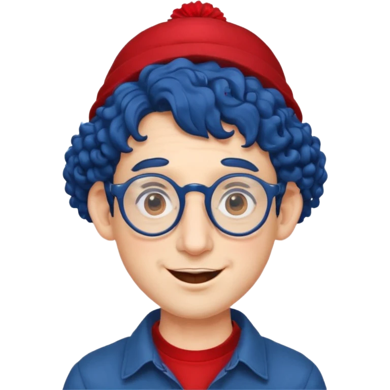 dark blue haired man curly hair with big ears and red earrings and spectacles happy and hat wearing emoji