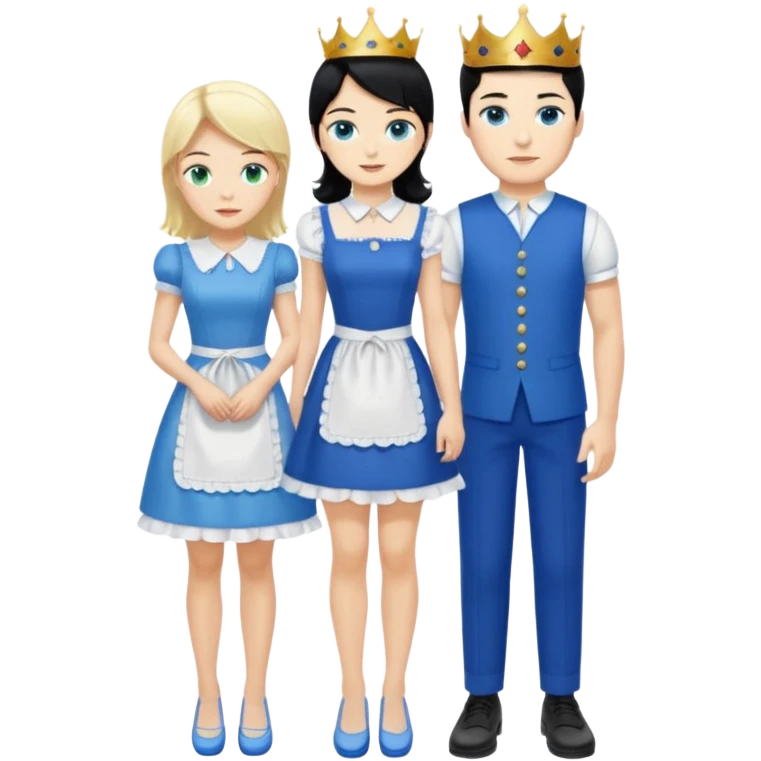 King, black hair, body, legst, blue eyes, blue garmont,  shoes, blonde maid, green eyes, sexy short sleveless White dress, shoes emoji