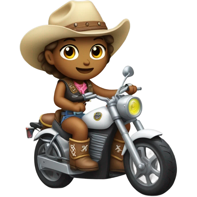 Baby girl wearing cowboy boots holding tennis racket and ridding electric motorcycle  emoji