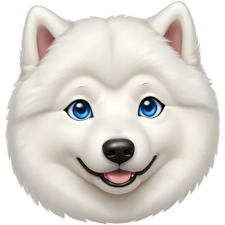 Cinematic Cute Samoyed Portrait Emoji, Head tilted playfully and inquisitively, featuring a fluffy, pristine white Fur with a natural sheen, round, sparkling blue eyes filled with curiosity, Simplified yet irresistibly adorable features, highly detailed, glowing with a warm, friendly glow, high shine, affectionate and lively, stylized with a touch of whimsy, bright and endearing, soft glowing outline, capturing the essence of a mischievous yet loving companion, so playful it feels like it could frolic out of the screen and into your arms! emoji