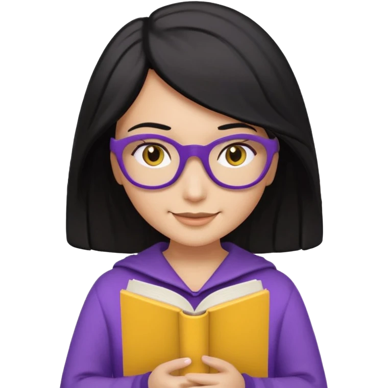 검정머리에 책읽고있는 여자. 해줘. 그리고 그 책으로 얼굴 반은 가린듯한 머리는 약간 파마 앞머리 없고 그리고 너무 무섭게 말고 책 읽는다고 얼굴 반은 가린듯한 책은 흰색에 보라색 노란색 섞여있고. 약간 미소 옷은 흰색. 아이폰 이모티콘 형태로 부탁 emoji