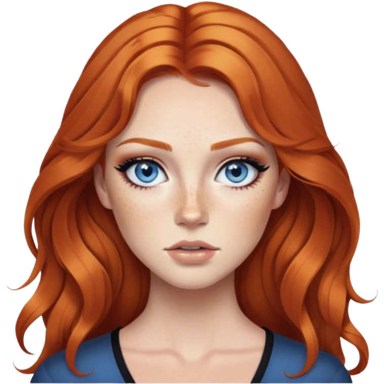 ginger hair, blue eyes, freckled, baddie,pretty makeup, strong makeup, black eyeliner, long hair emoji