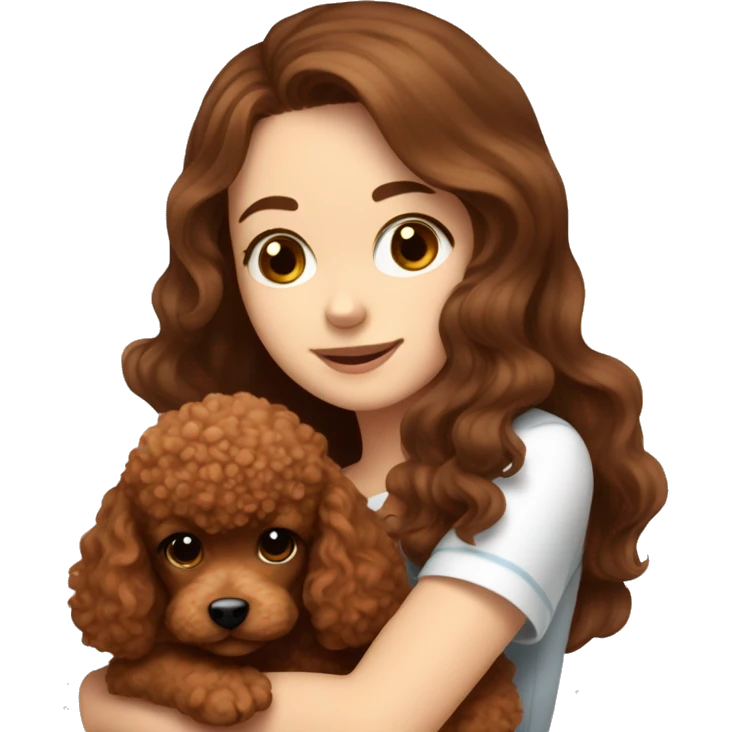 A white girl with long brown hair hugging a cute red brown toy poodle puppy  emoji