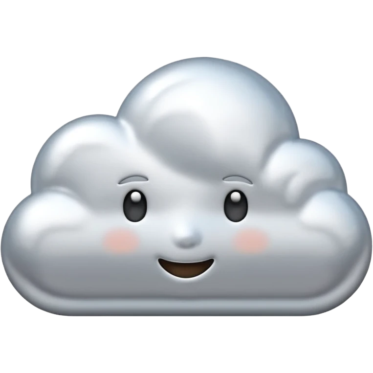 A cute cloud emoji made of silver chrome, smooth rounded shape, glossy metallic surface, soft reflections, minimal and friendly design, iOS emoji style, centered, clean white background, soft lighting emoji